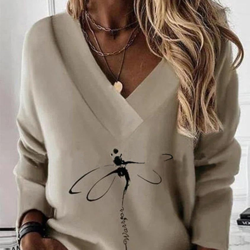 Damen - Sweatshirt mit V-Ausschnitt - Baumwoll-Lockere Passform - Bequeme Mode für jeden Tag