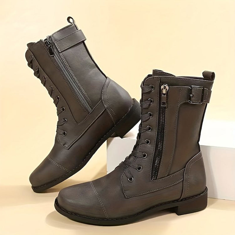 Damen - Mid-Calf Schnürstiefel - Reißverschluss & Schnalle - Stilvolle Stiefel für jeden Anlass