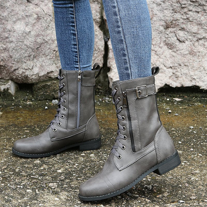 Damen - Mid-Calf Schnürstiefel - Reißverschluss & Schnalle - Stilvolle Stiefel für jeden Anlass