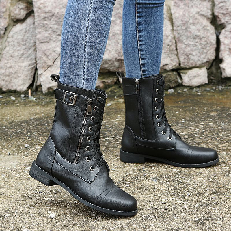 Damen - Mid-Calf Schnürstiefel - Reißverschluss & Schnalle - Stilvolle Stiefel für jeden Anlass
