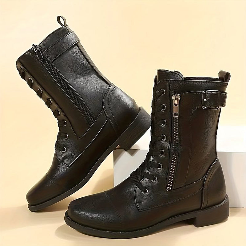 Damen - Mid-Calf Schnürstiefel - Reißverschluss & Schnalle - Stilvolle Stiefel für jeden Anlass