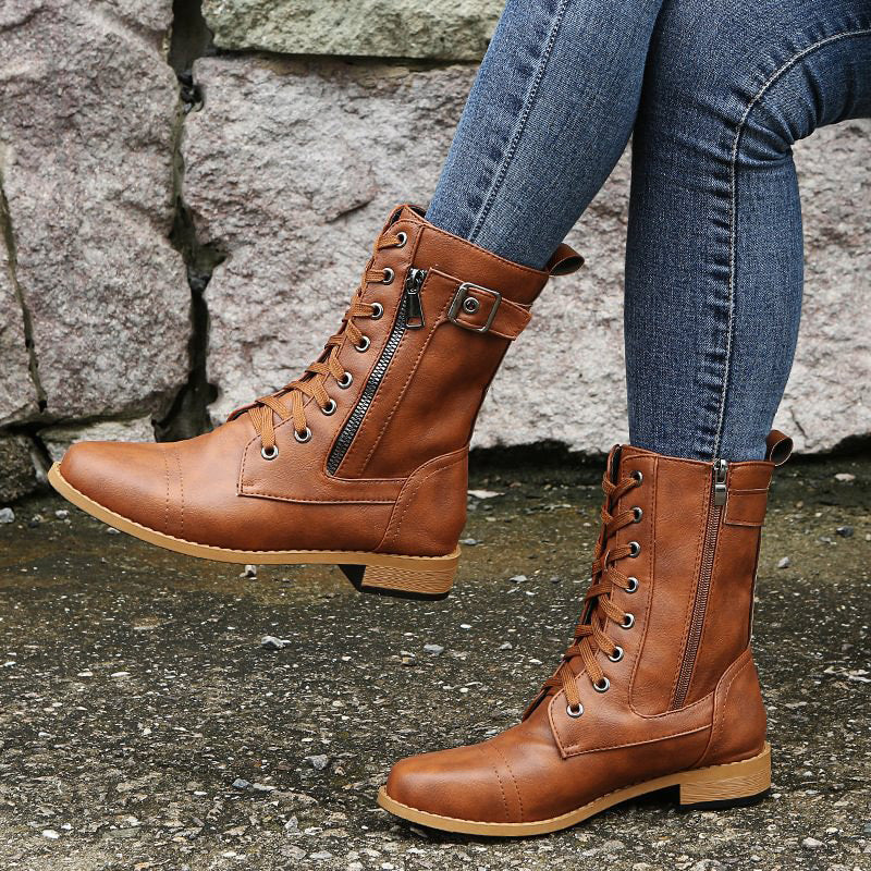 Damen - Mid-Calf Schnürstiefel - Reißverschluss & Schnalle - Stilvolle Stiefel für jeden Anlass