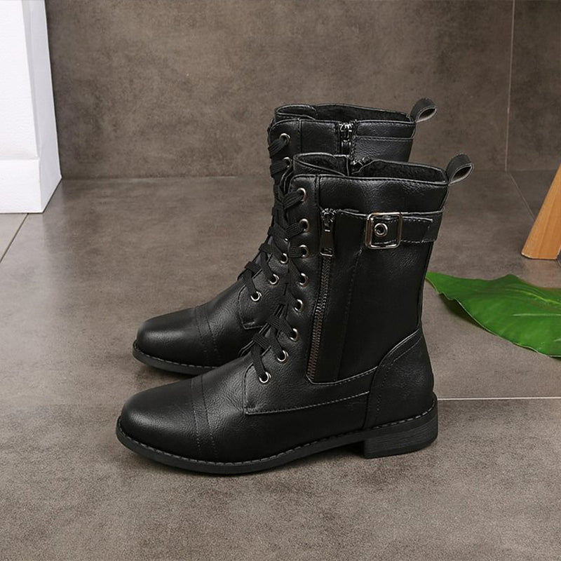 Damen - Mid-Calf Schnürstiefel - Reißverschluss & Schnalle - Stilvolle Stiefel für jeden Anlass