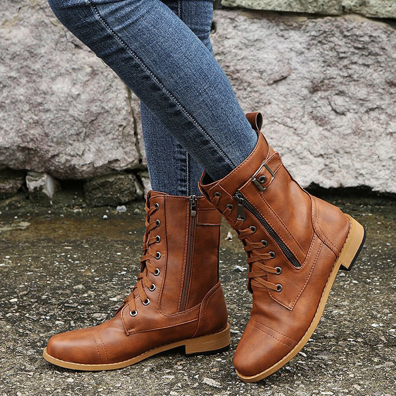 Damen - Mid-Calf Schnürstiefel - Reißverschluss & Schnalle - Stilvolle Stiefel für jeden Anlass