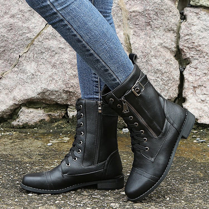 Damen - Mid-Calf Schnürstiefel - Reißverschluss & Schnalle - Stilvolle Stiefel für jeden Anlass