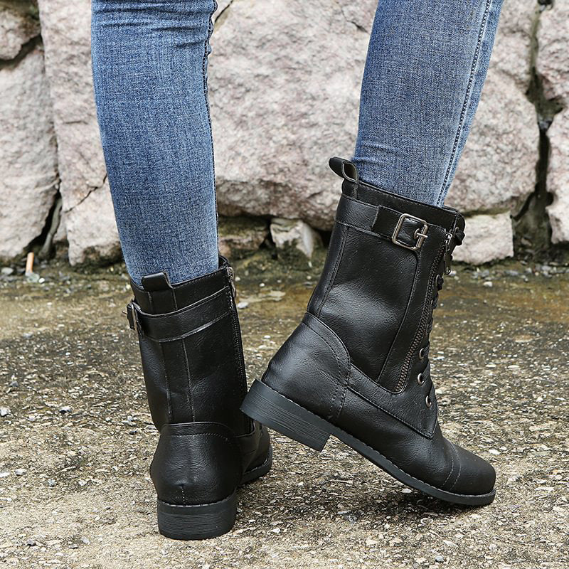 Damen - Mid-Calf Schnürstiefel - Reißverschluss & Schnalle - Stilvolle Stiefel für jeden Anlass