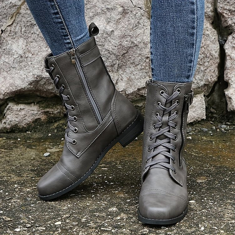 Damen - Mid-Calf Schnürstiefel - Reißverschluss & Schnalle - Stilvolle Stiefel für jeden Anlass
