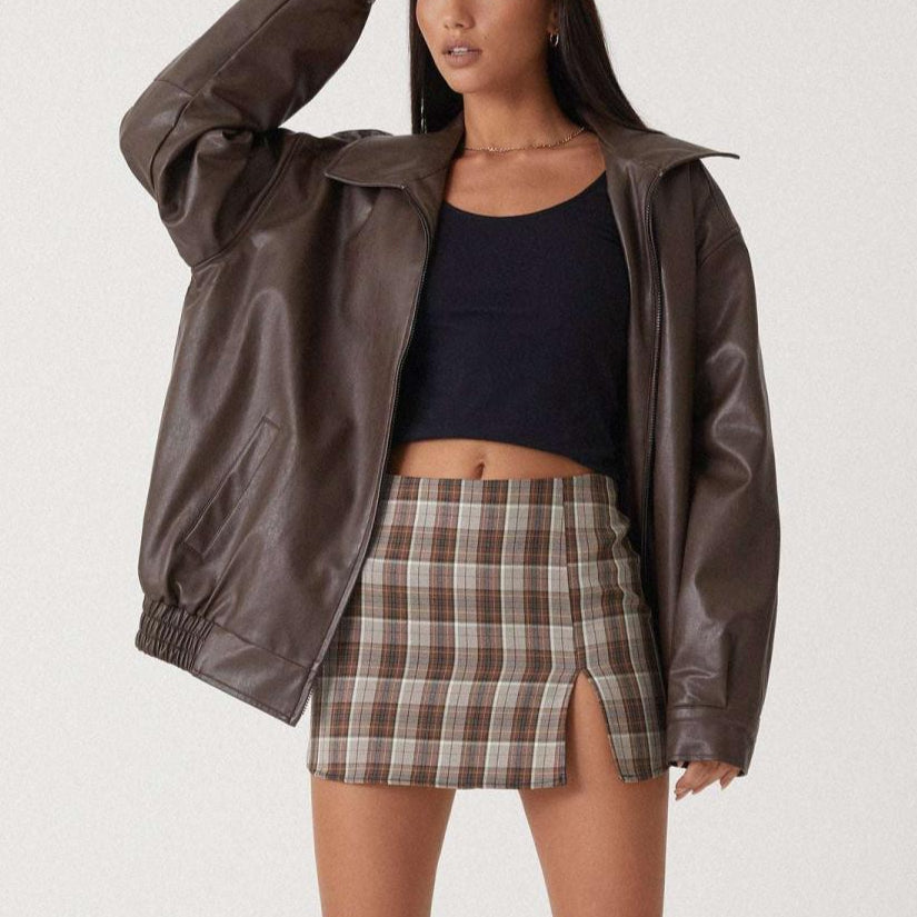 Damen - Entspannte jacke - Leder - Hochkragen mit Reißverschluss - Stilvolle Freizeitmode